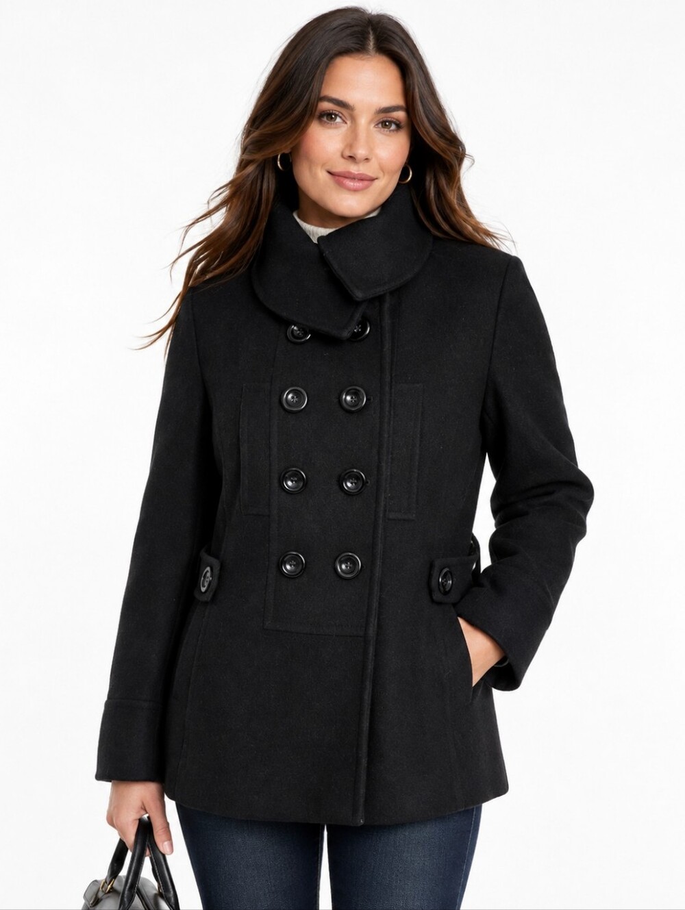 Braetan Black 80% Wool Peacoat Women XL Double Breasted Military Coat